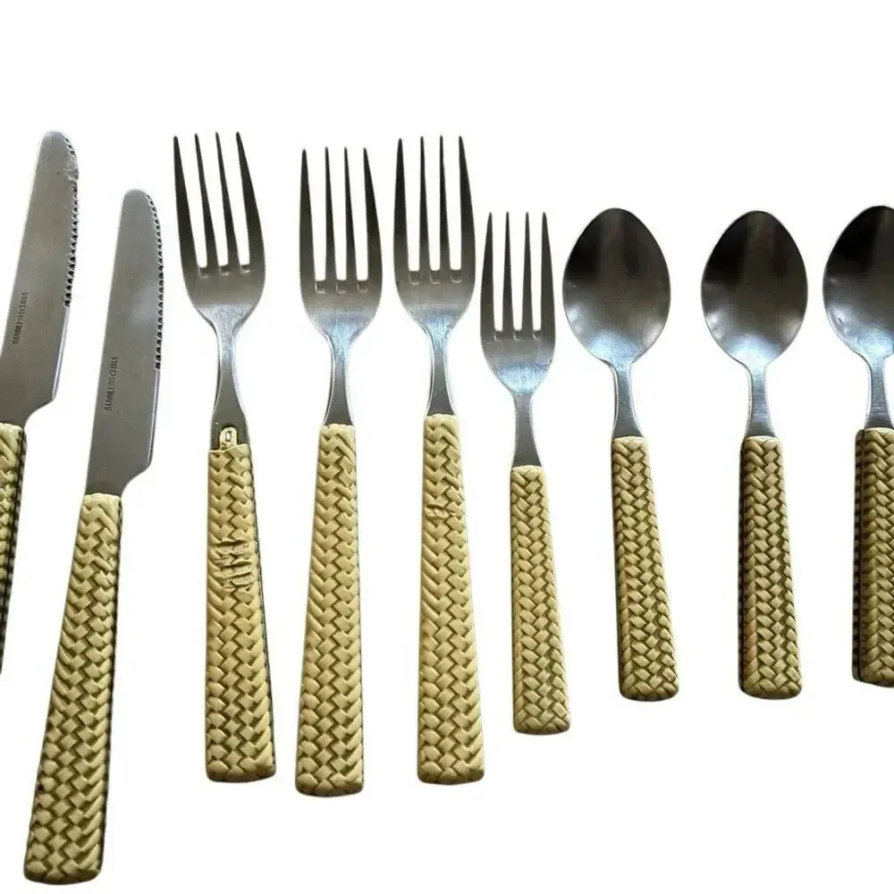 Faux Weaved Bamboo Flatware Lot Of 14